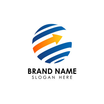 World finance business logo template. Digital 3D globe with arrow shape vector icon