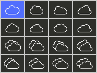 Clouds sky icons set. Thin line vector illustration, outline pictogram isolated on black. Element for graphic and web design. 