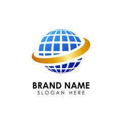 Stylized 3D spherical surface with  swoosh shape. digital globe icon. This logo is suitable for global company, world technologies and media and publicity agencies