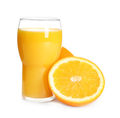 Glass with delicious citrus juice and fresh fruit on white background