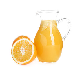 Naklejka na ściany i meble Glass pitcher with delicious citrus juice and fresh fruit on white background