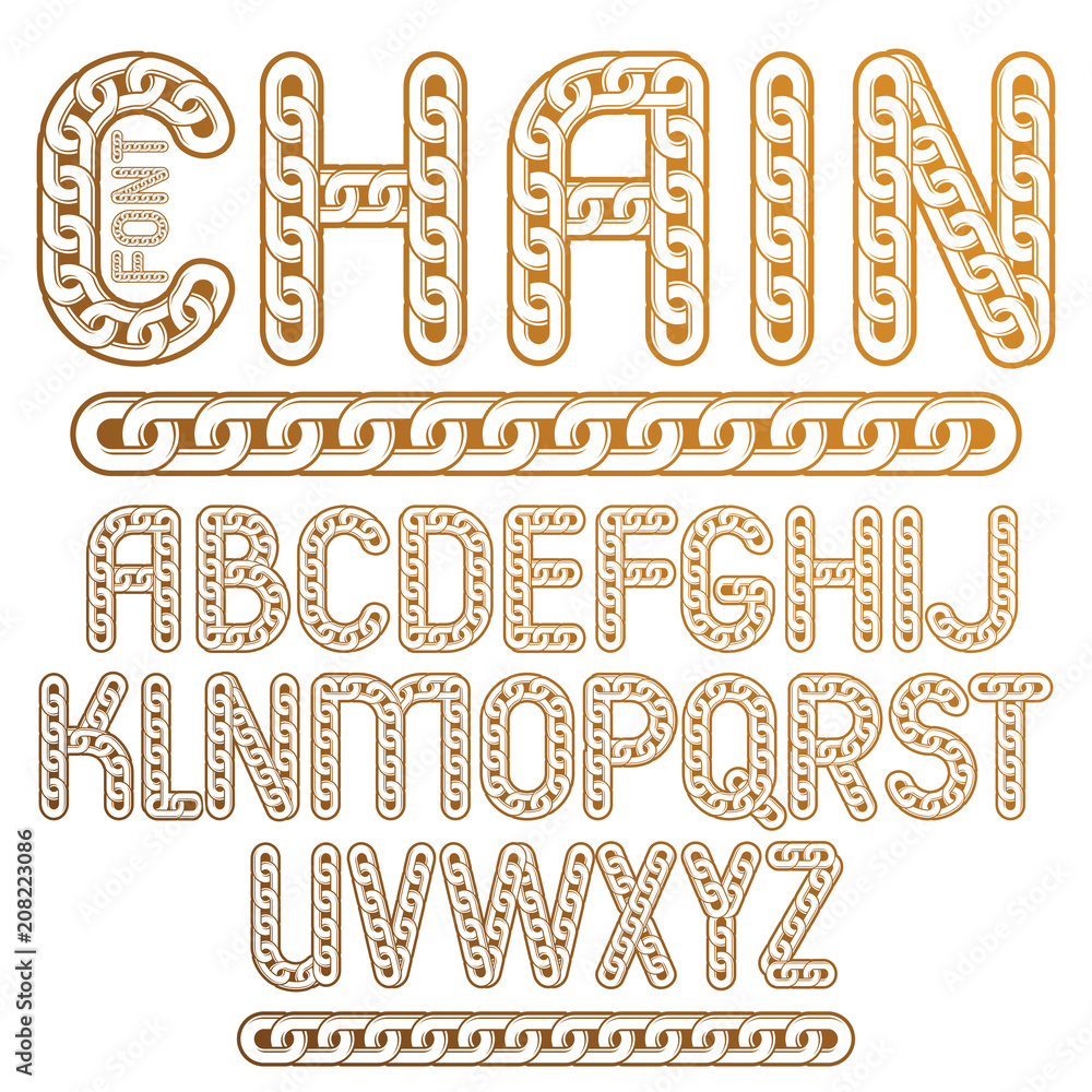 Aufkleber vector type font, script from a to z. capital creative letters made with iron chain, linked connecti