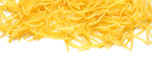 Heap of raw pasta on white background