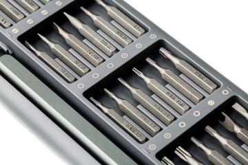 bits for screwdriver. Tool set for household use. Nozzles and adapters for screwdrivers. Head...