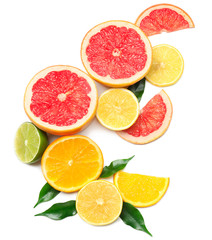 Fototapeta na wymiar Composition of delicious citrus fruits and green leaves on white background