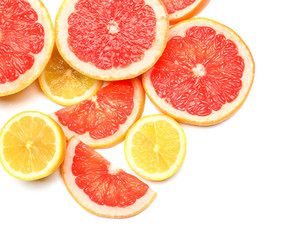 Delicious citrus fruits on white background