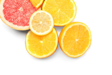 Delicious citrus fruits on white background