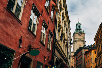 low angle view of colorful buildings in old town of Stockholm, Sweden