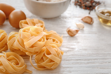 Uncooked pasta on kitchen table