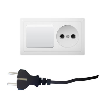 Electrical adapter with two outlet and switch. AC power plugs and sockets. Vector illustration.