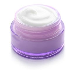 Jar with cream on white background. Skin care cosmetics