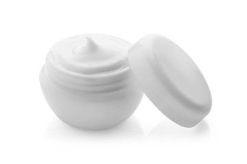 Jar with cream on white background. Skin care cosmetics