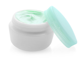 Jar with cream on white background. Skin care cosmetics