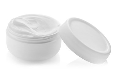 Jar with cream on white background. Skin care cosmetics