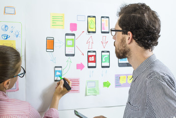Two creative web designers are developing mobile applications in the workplace.