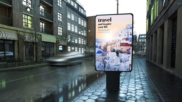 advertising travel billboard on city street at evening