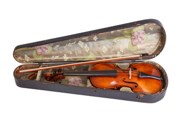 Old violin and bow in violin case