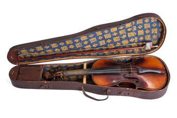 Old violin and bow in violin case