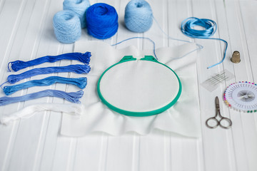 Set for embroidery, embroidery hoop, linen fabric, thread, scissors, embroidered needle bed.