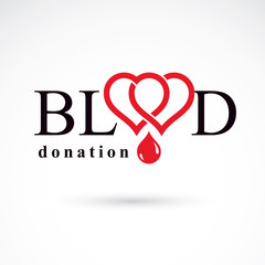 Blood donation inscription made with heart shape and blood drops. Charity and volunteer conceptual logo for use in medical and social theme advertisement.