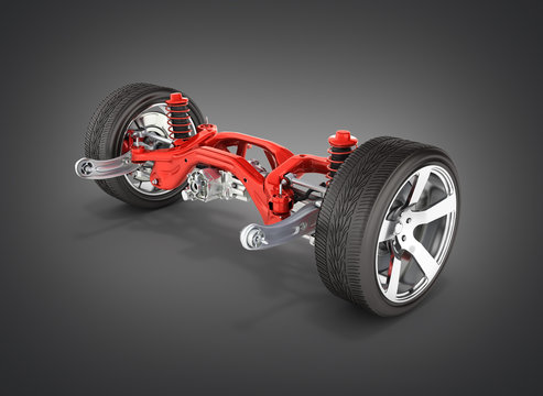Suspension of the car in details with wheel isolated on black gradient background 3d