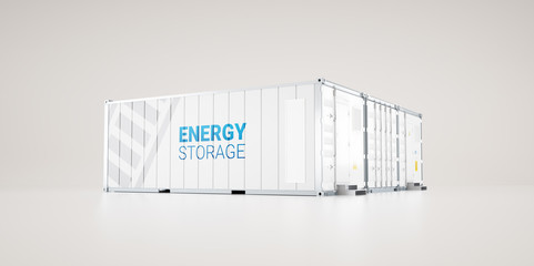 Hi-capacity battery energy storage facility made of industrial shipping containers. 3d rendering.