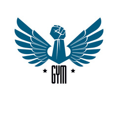 Gym weightlifting and fitness sport club logo, retro style vector emblem with wings. With barbell and strong hand fist.