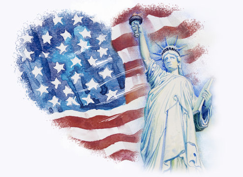 Statue Liberty on flag american. Watercolor painting