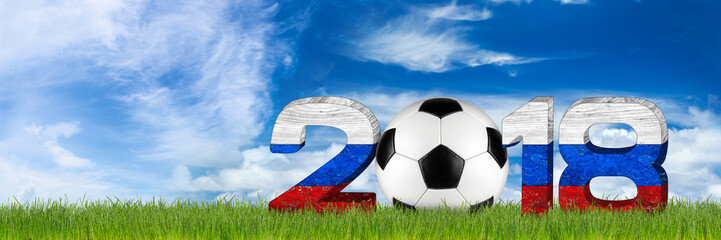 2018 soccer lettering in blue white red on sport field green grass background