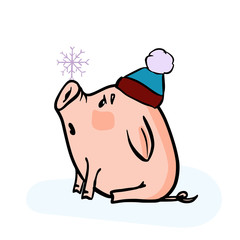 Fototapeta premium Vector hand drawn doodle illustration of new year winter piglet with a snowflake and 2019
