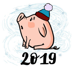 Vector hand drawn doodle illustration of new year winter piglet with a snowflake and 2019
