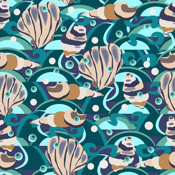 Underwater life, seashells and waves. Cute seamless pattern, vector background for your design, textile, home interior, wallpaper, wrapping, covers, clothes, scrapbooking.