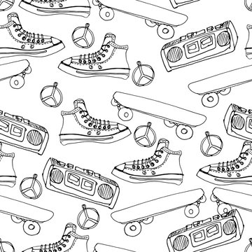 Vector seamless pattern with teenagers stuff. Hand drawn background. Skateboards, sneakers, boombox, record player.