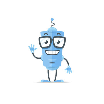 Happy Blue robot mascot cartoon illustration in flat style