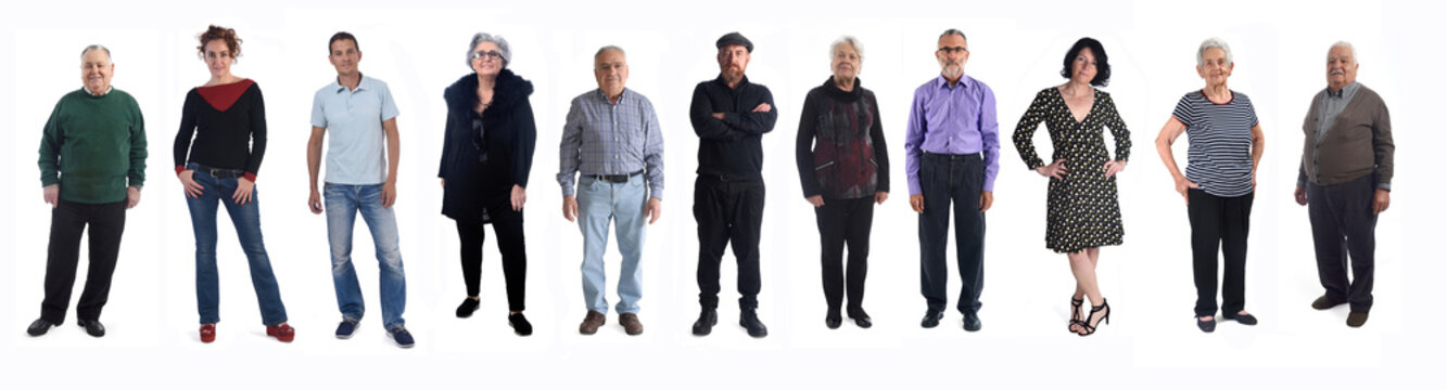 group of people of different ages on white background