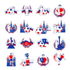 Welcome to Russia inscription badges vector set. Abstract invitations collection on world football cup 2018. Russian folk art tradition elements, balalaika, nesting doll, football symbols, ball.