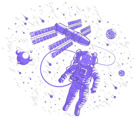 Spaceman flying in open space connected to space station, astronaut man or woman floating in cosmos and iss spacecraft surrounded by undiscovered planets and stars. Vector illustration isolated.