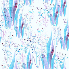 Seamless pattern with blue seaweed on a gentle blue background. Watercolor illustration