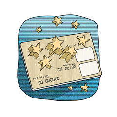 Graphic illustration - a bank card with three-dimensional stars. Engraving. Blue and gold