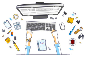 Office worker or entrepreneur working on a PC computer, top view of workspace desk with human hands and diverse stationery objects. All elements are easy to use separately. Vector illustration.
