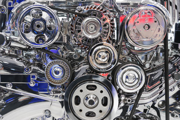 Car engine, concept of modern vehicle motor with metal, chrome details, heavy industry 