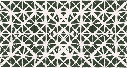 Green, Gray Dark Geo Pattern Kimono Design. Seamless Painted Geometrical Wabi Sabi Ikat Ornament. Organic Tie Dye Batik Retro Boho Fabric Background. Kimono Geo Pattern Female Fashion Vintage Prints.
