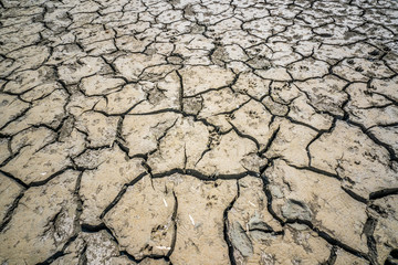 Lake of Dreams, a small but beautiful fishing port located in Wushantou Reservoir,   Guantian, Tainan, Taiwan is drying up with cracks and bamboo boats are left aside.