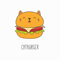 Hand drawn vector illustration of a kawaii funny burger with cat ears. Isolated objects on white background. Line drawing. Design concept for cat cafe menu, children print.