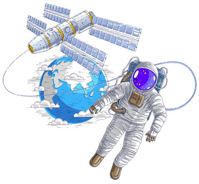 Spaceman flying in open space connected to space station and earth planet in background, astronaut man or woman in spacesuit floating in weightlessness and iss spacecraft behind him. Vector.