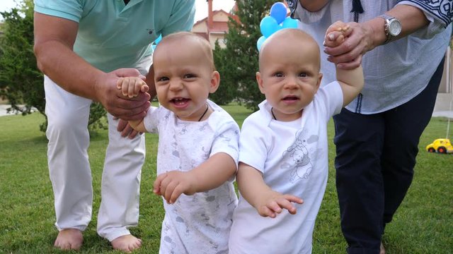 Twins toddler baby brothers with grandparents walking on green lawn play on backyard