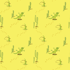 Seamless pattern with cartoon lizards does yoga against a desert background with cacti. Healthy lifestyle concept. Use for postcards, print for t-shirts, posters, textile.
