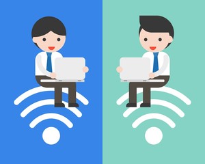 business people sitting on wifi symbol  and using laptop working, business connection concept, flat design
