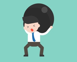 Depressed Businessman or manager lift big hard iron ball over back, flat design burden concept