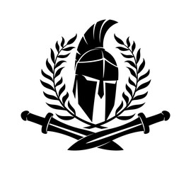 Spartan helmet with swords and laurel wreath. - obrazy, fototapety, plakaty